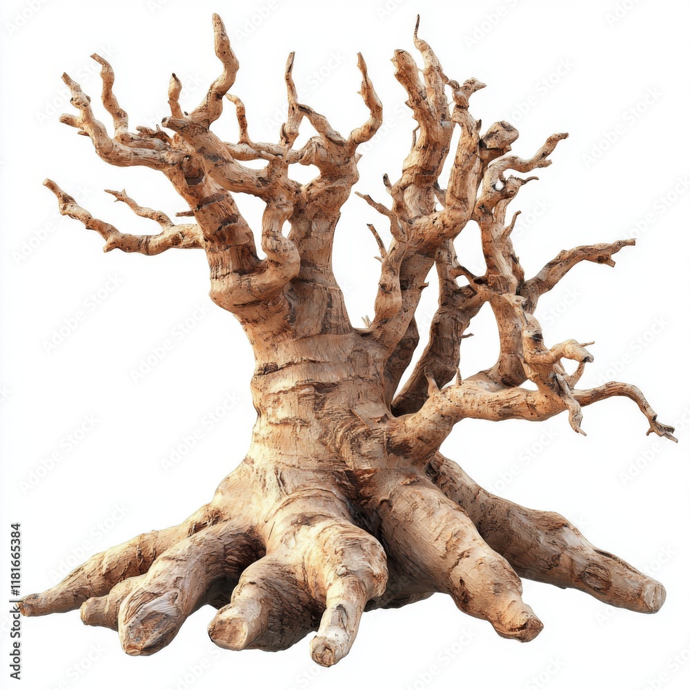 Fototapeta premium Unique twisted tree with gnarled branches and textured bark showcasing natural beauty and resilience in a minimalist setting