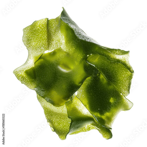 Flat view of vibrant light green algae based film with glossy texture, isolated on transparency background. organic material showcases natural, eco friendly appearance photo