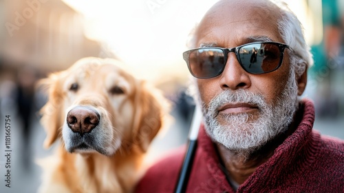 An elderly man with sunglasses stands close to his golden retriever, showcasing their bond amidst a bright urban background, illustrating companionship and trust in daily life. photo