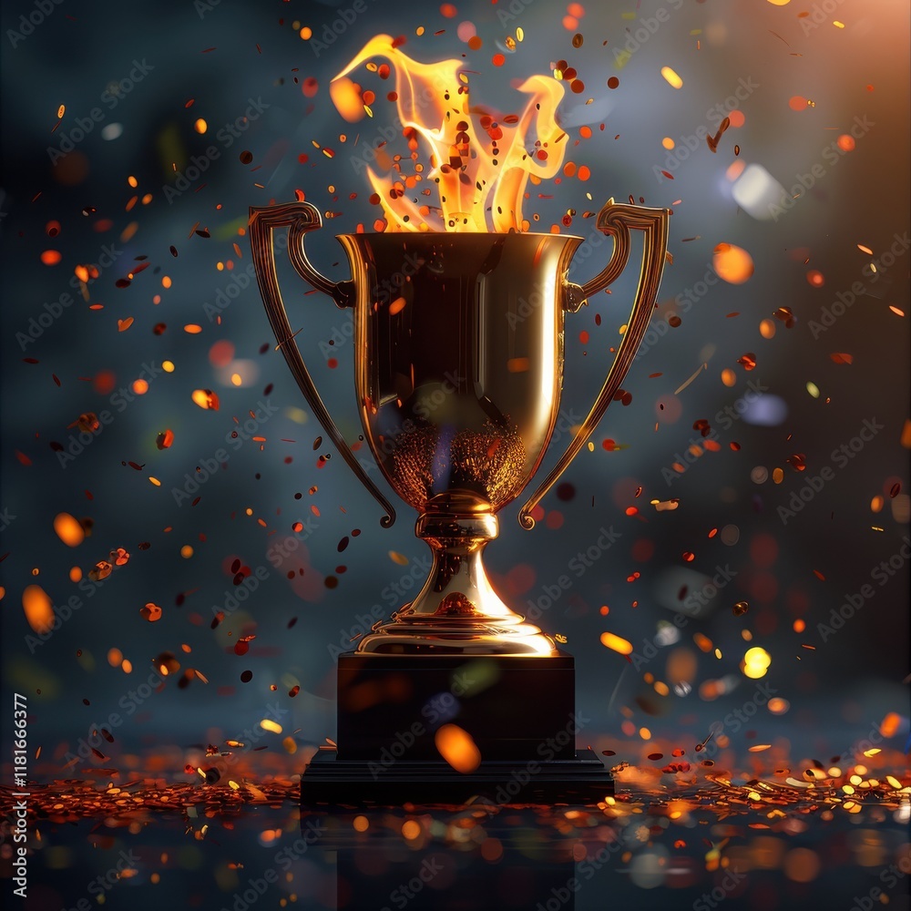A golden trophy adorned with flames and confetti celebrates victory in a festive atmosphere at a triumphant event A golden trophy adorned with flames and confetti celebrates victory in a festive atmosphere at a triumphant event