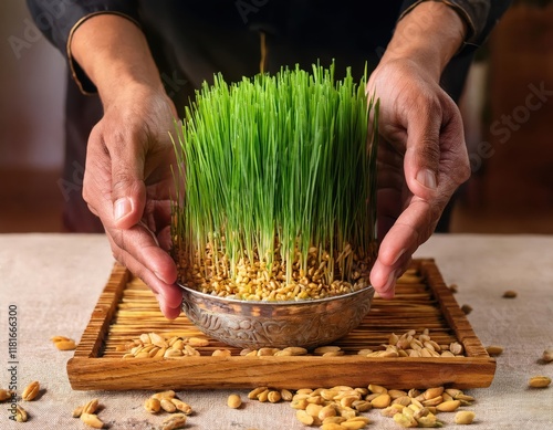 A person carefully arranges sabzeh, symbolizing rebirth and renewal during Nowruz festivities. photo