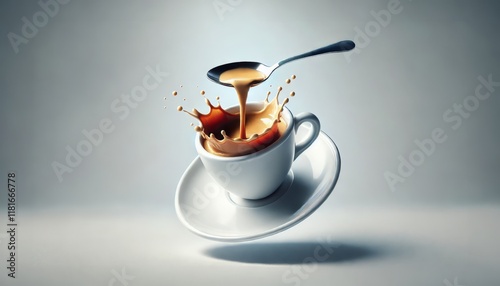 Cup of coffee with a splash drop fly with saucer and spoon isolated on white