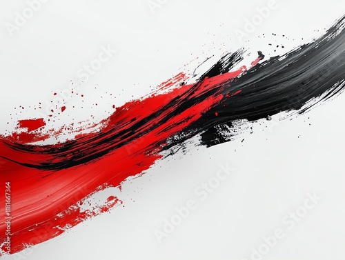 Abstract red and black brushstroke on white canvas. photo