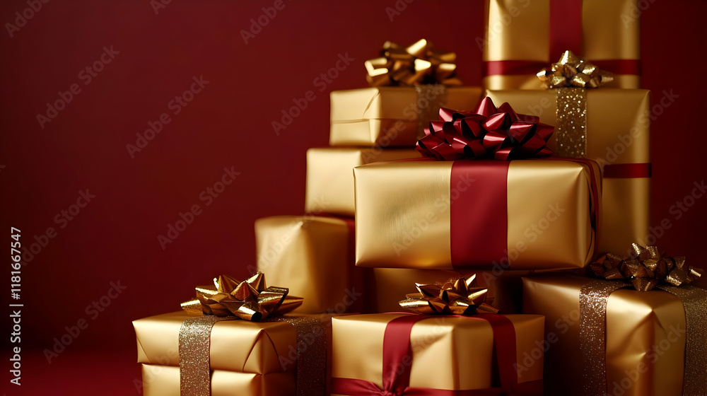 Gifts Wrapped in Gold and Red Ribbon Shine Brightly on Display Gifts Wrapped in Gold and Red Ribbon Shine Brightly on Display