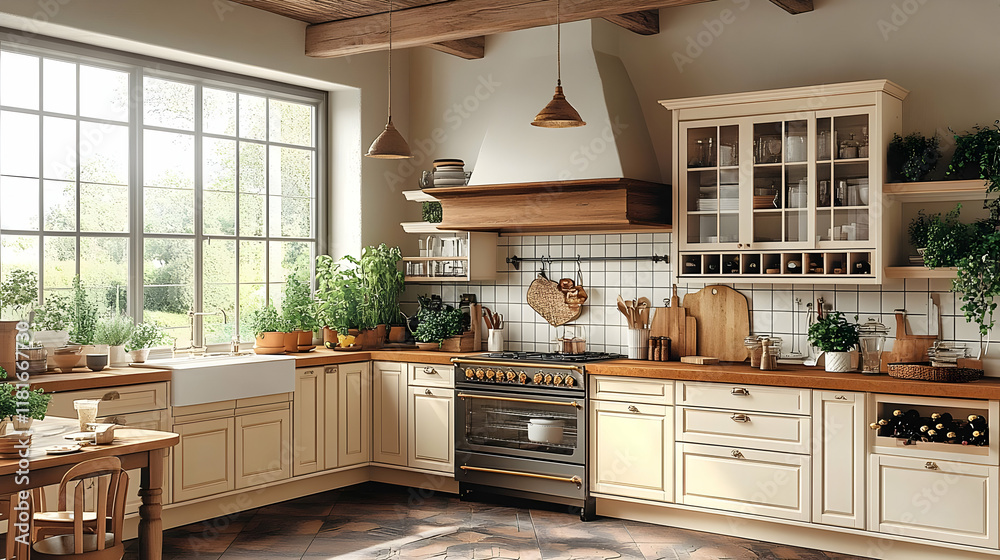 Fototapeta premium Rustic Kitchen Design Enhances Home Decor Beautifully and Elegantly with Natural Light