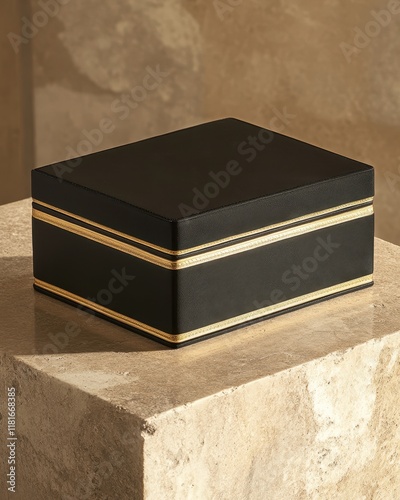 Elegant Black Leather Box with Gold Trim on Textured Stone Surface.