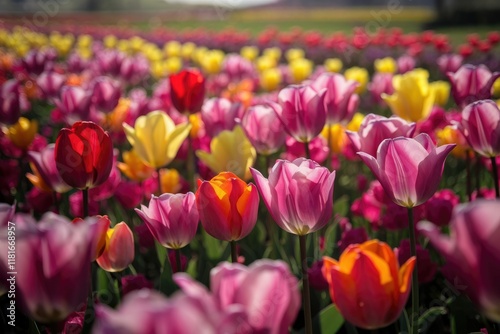 Vibrant field of colorful tulips in full bloom, bathed in sunlight.