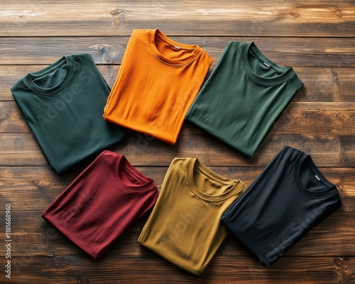Folded Colorful T-Shirts on Dark Wood Table, Top Down Apparel Flat Lay.