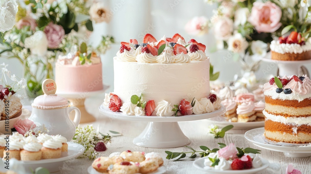 Beautifully Decorated Vanilla Cake with Strawberries and Cream Surrounded by Delicate Pastry Treats Beautifully Decorated Vanilla Cake with Strawberries and Cream Surrounded by Delicate Pastry Treats