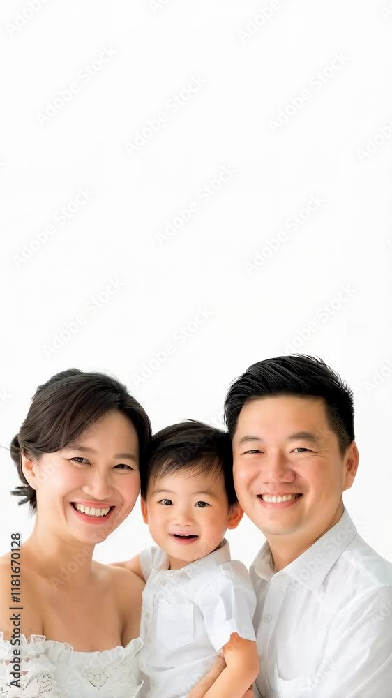 Taiwanese family of three with couple holding their baby son posing over white background with copy space Taiwanese family of three with couple holding their baby son posing over white background with copy space
