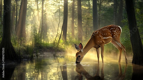 A graceful deer drinking water from a serene forest pond surrounded by tall trees and soft sunlight. photo