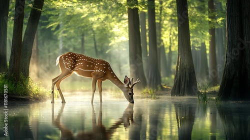 A graceful deer drinking water from a serene forest pond surrounded by tall trees and soft sunlight. photo