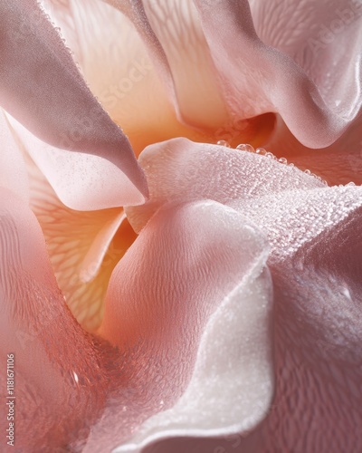 Macro Close-up of Dew-Covered Peach Rose Petals Abstract Floral Texture Background