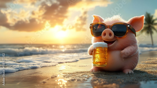 Pig Enjoys Beach Sunset wit...