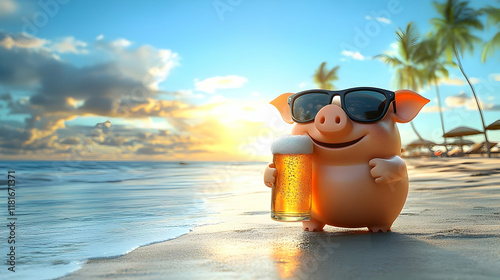 Pig Enjoys Beach Beer at Su...
