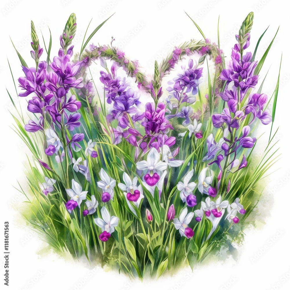 Naklejka premium Vibrant Watercolor Painting of Purple and White Orchids and Wildflowers in Lush Green Foliage