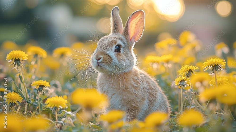 Fototapeta premium Rabbit among vibrant yellow flowers in golden sunlight