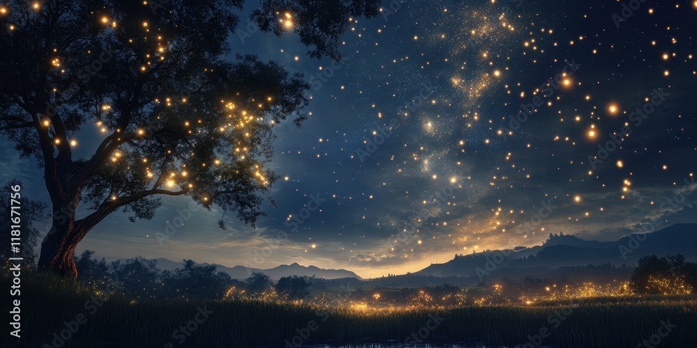 Magical Nightscape with Glowing Orbs and Starry Sky over Rural Landscape. Magical Nightscape with Glowing Orbs and Starry Sky over Rural Landscape.