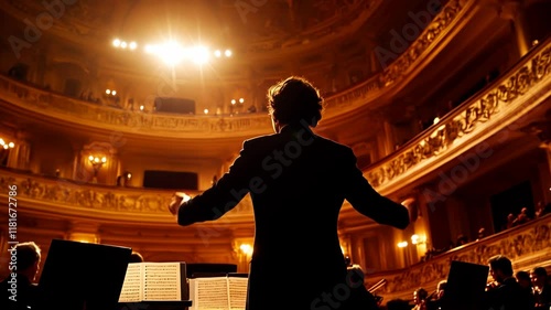 Conductor Leads Orchestra in Majestic Concert Hall: A Silhouette of Passion and Precision in Classical Music Performance