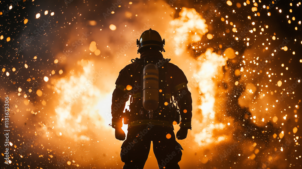 Silhouette of heroic firefighter in full gear standing against dramatic backdrop of intense flames and flying embers, symbolizing bravery and resilience Silhouette of heroic firefighter in full gear standing against dramatic backdrop of intense flames and flying embers, symbolizing bravery and resilience