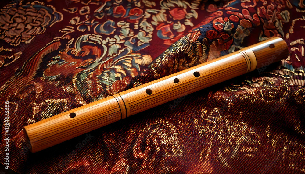 Naklejka premium Elegant wooden flute rests on rich, ornate fabric. Perfect for websites, blogs, or music-related projects needing a sophisticated, artistic touch. High-resolution image ideal for print and digital
