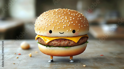 Cute Burger Walks Happily o...