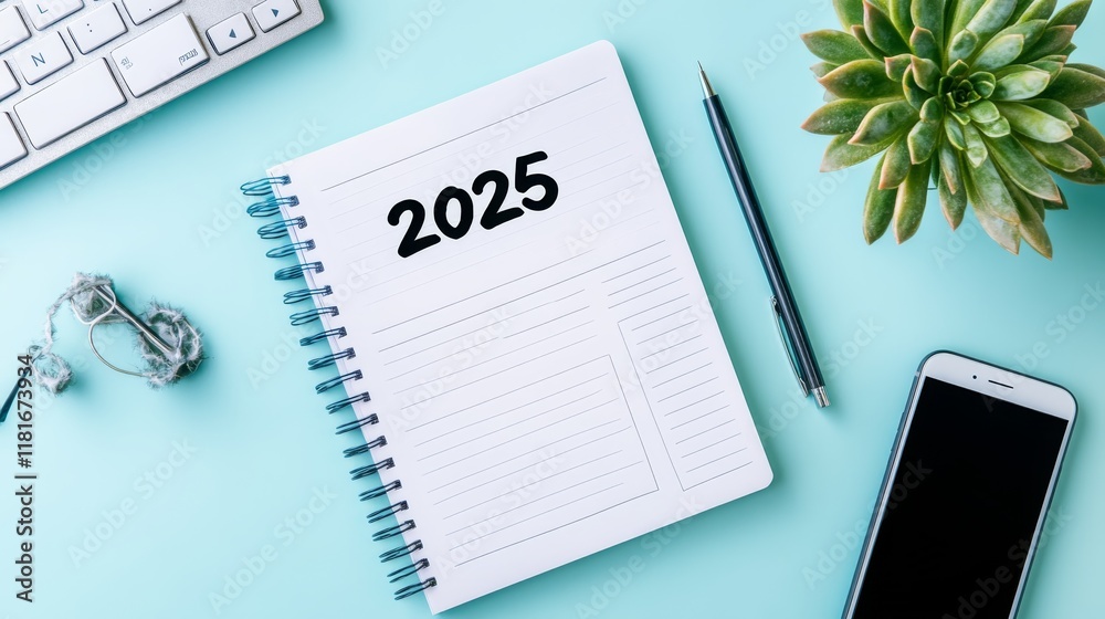New Year, New goals list for the year on a light blue background with text New Year, New goals list for the year on a light blue background with text
