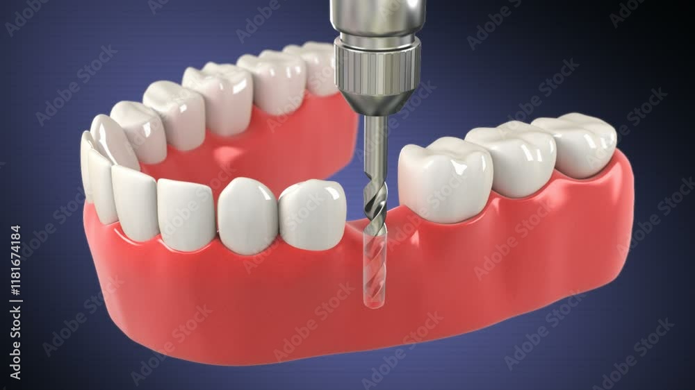 High quality 3D animation showing the installation process of dental implants.