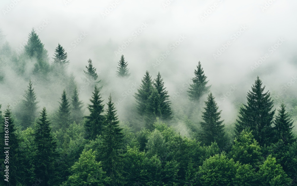 Fototapeta premium Misty Forest Landscape Evergreen Trees in Foggy Woodland Scene.