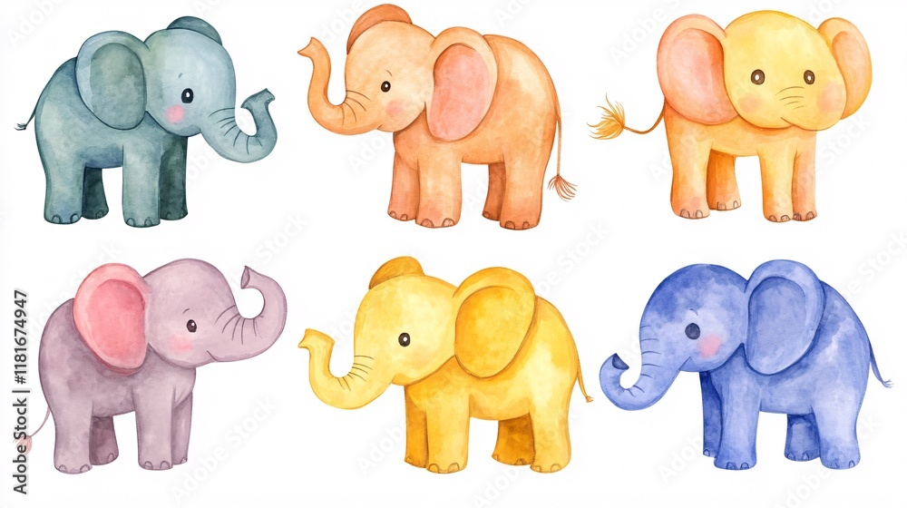 Fototapeta premium A colorful collection of six cute, stylized elephants in various shades, showcasing their playful and whimsical nature.