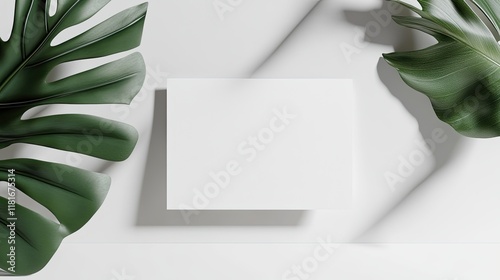 Blank card mockup, tropical leaves, sunlight shadows, minimalist design, branding. photo