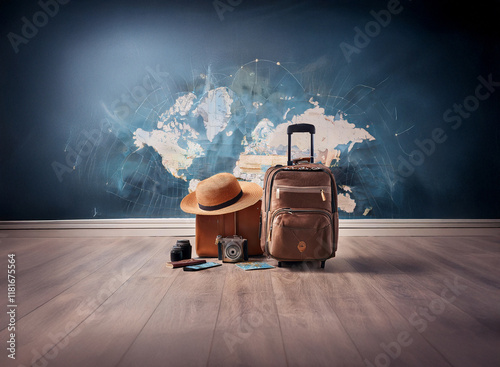A brown suitcase and hat sit on a wooden floor against a wall depicting a world map.  Ready for adventure and exploration.