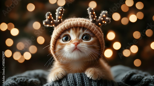 Cute Kitten Wearing Reindee...