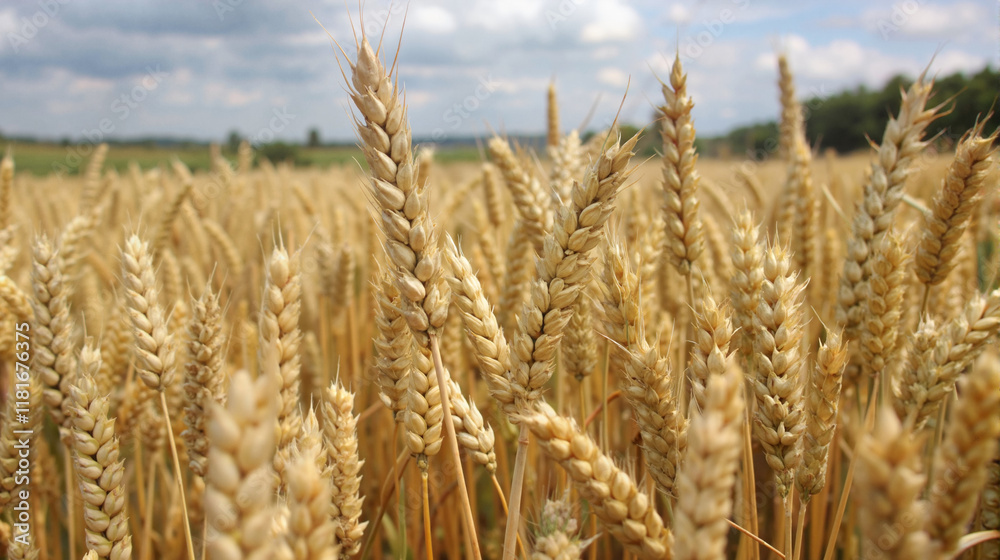Fototapeta premium Golden wheat field against cloudy sky