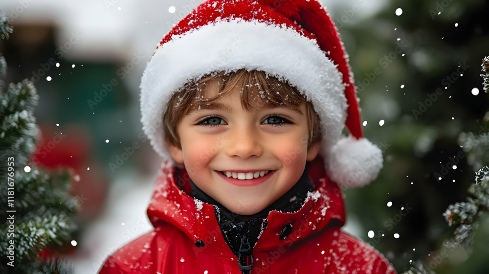 Child Smiles Brightly in Snowfall Wearing Festive Hat and Red Jacket Cheerfully Child Smiles Brightly in Snowfall Wearing Festive Hat and Red Jacket Cheerfully