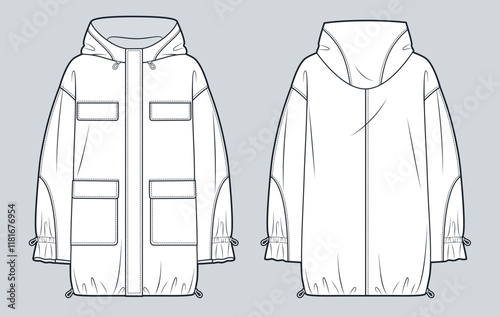 Raincoat technical fashion Illustration. Nylon Jacket fashion flat technical drawing template, pockets, hood, drawstring, oversize, front and back view, white, women, men, unisex Outerwear CAD mockup.