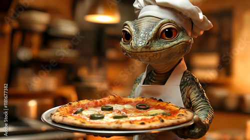 Lizard Chef Holds Pizza wit...