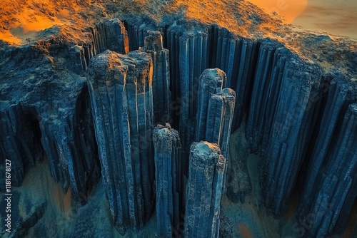 Aerial view of basalt columns, geological formations resembling an ancient city, bathed in sunset light. photo