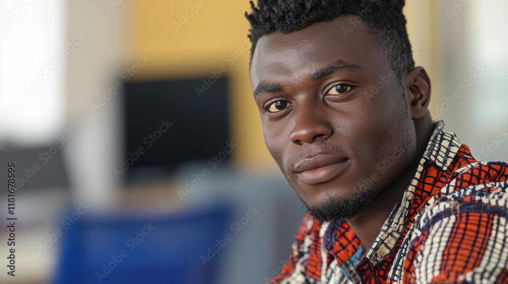 Confident young man in vibrant shirt at a modern workplace setting Confident young man in vibrant shirt at a modern workplace setting