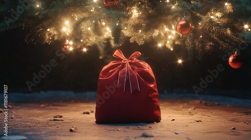 A vibrant red Christmas gift bag sits under a decorated evergreen tree, illuminated by warm fairy lights. photo