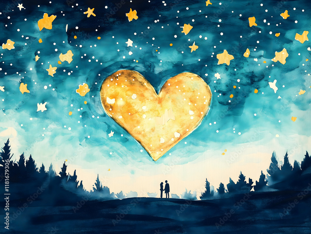 Obraz premium A romantic watercolor scene featuring a large golden heart in a starry night sky, with silhouettes of a couple against a forest backdrop.