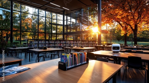 A contemporary library illuminated by autumn sunlight filtering through glass walls, showcasing books and inviting spaces, encouraging study and immersing visitors in nature's beauty. photo