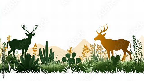 Silhouettes of two deer against a desert landscape.  One dark green, one gold. photo