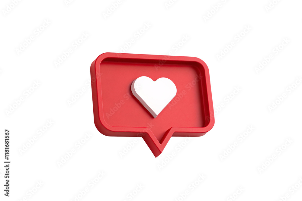 A 3D red speech bubble-like design with a raised white heart in its center, symbolizing social media interactions, isolated on a transparent background A 3D red speech bubble-like design with a raised white heart in its center, symbolizing social media interactions, isolated on a transparent background