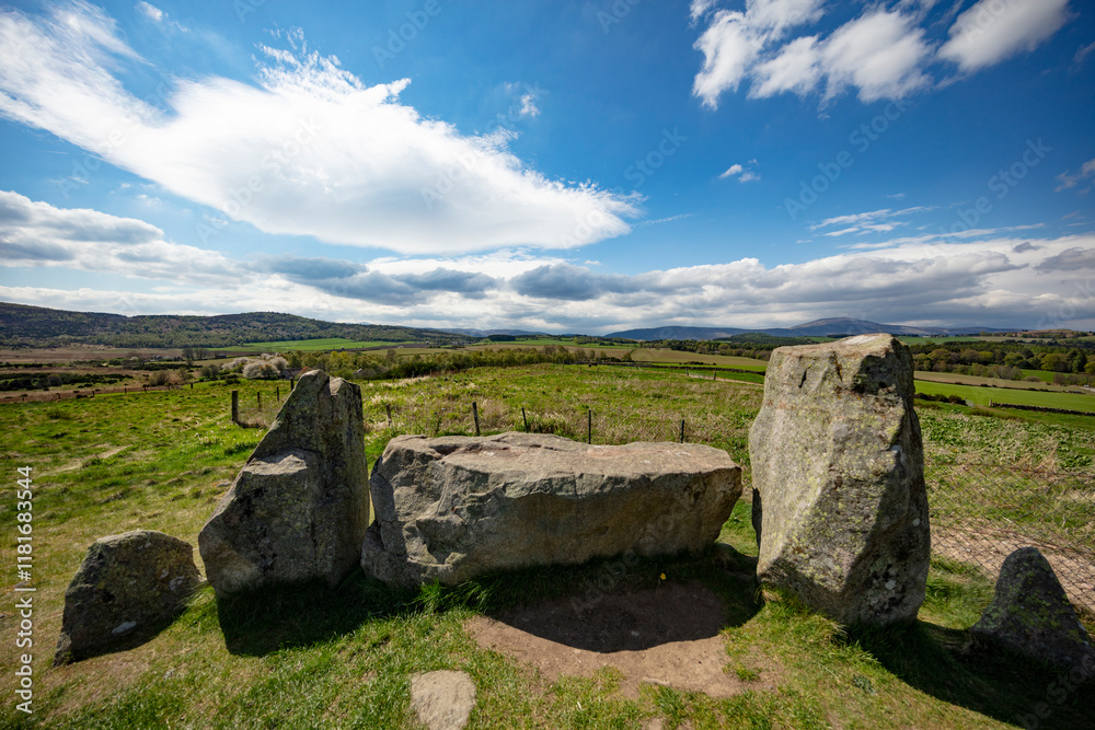 Exploring the Historic Tomnaverie Stone Circle in Scotland Under a Bright Blue Sky Exploring the Historic Tomnaverie Stone Circle in Scotland Under a Bright Blue Sky