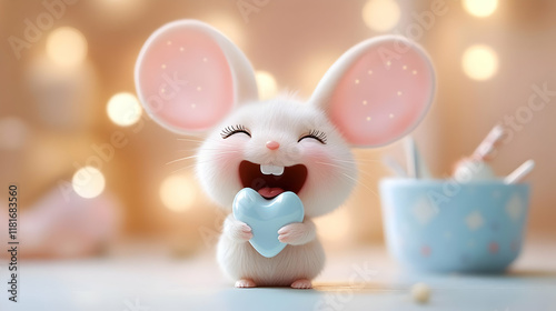 Cute Mouse Holds Blue Heart...