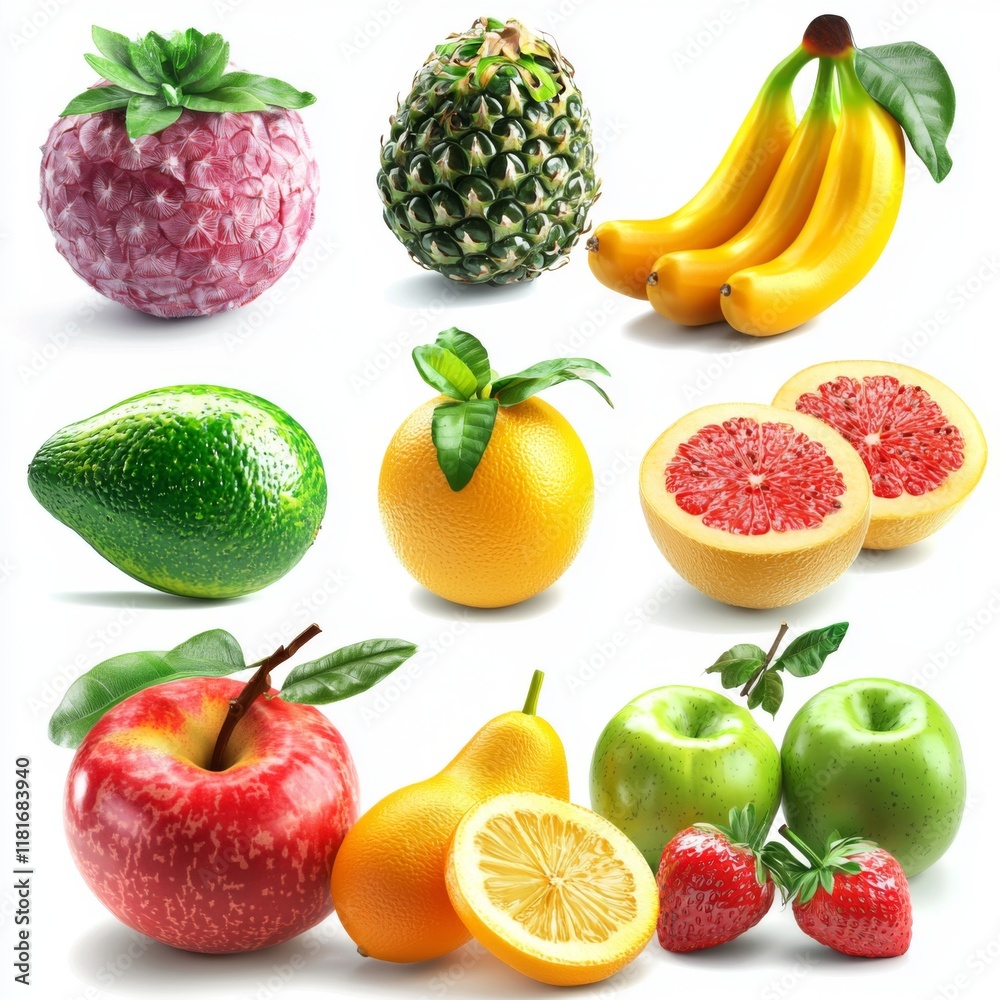 Fresh and Colorful Collection of Tropical and Citrus Fruits with Bananas, Grapes, Apples, and Strawberries on a White Background