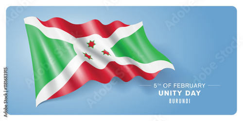 Burundi unity day vector banner, greeting card. Burundian wavy flag in 5th of February patriotic holiday horizontal design with realistic flag photo