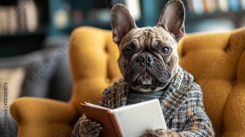 A charming dog dressed in a stylish checked blazer sits comfortably in a vibrant yellow armchair. The cozy living room features a bookshelf and a warm atmosphere, perfect for reading photo