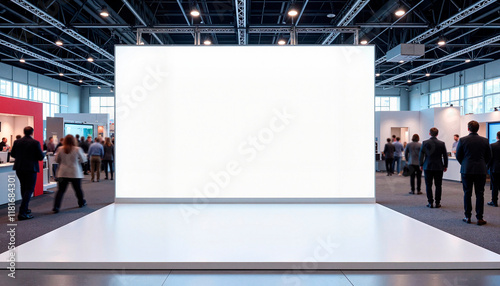 Large blank trade show banner in busy exhibition center, promotional display